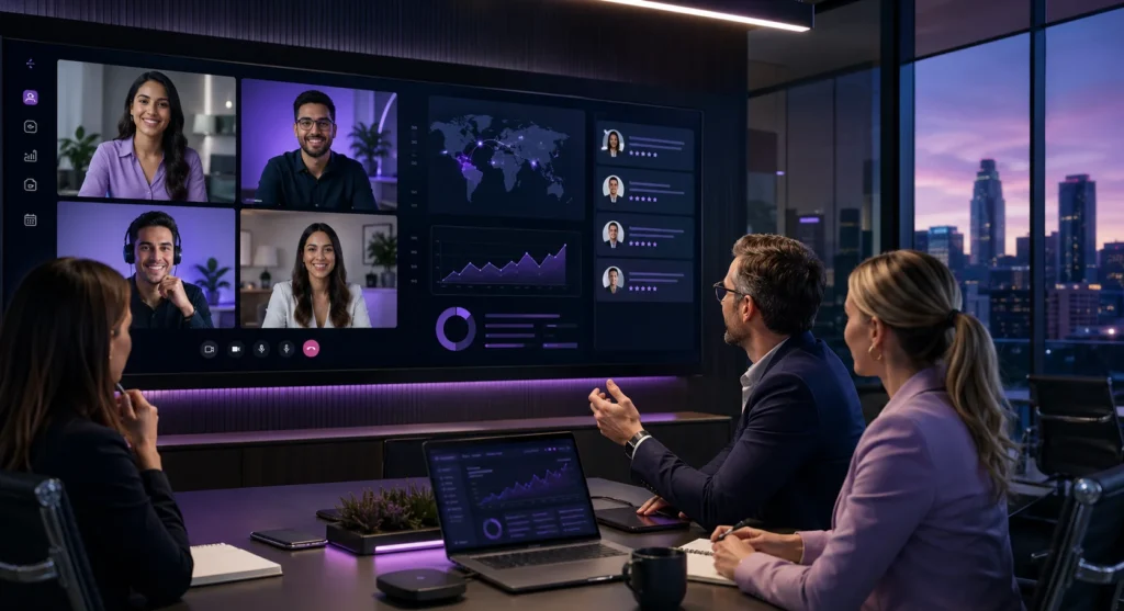 A modern business team collaborates with remote professionals across screens, representing the process of hiring a nearshore team with strong communication and operational support.