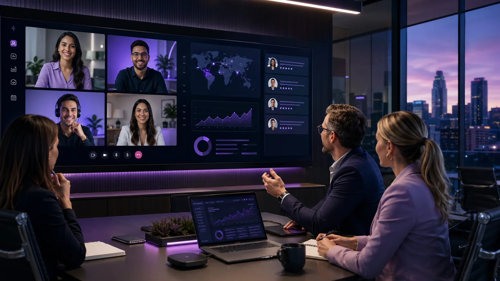 A modern business team collaborates with remote professionals across screens, representing the process of hiring a nearshore team with strong communication and operational support.