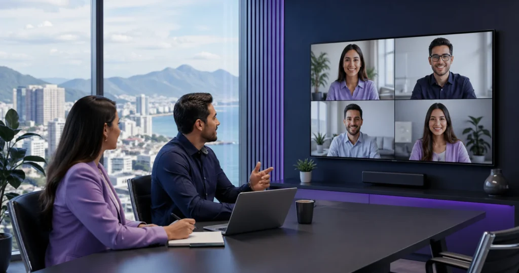 Business professionals collaborating in a modern office with remote teammates on a video call, representing nearshore outsourcing support across nearby regions.