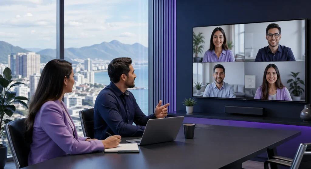 Business professionals collaborating in a modern office with remote teammates on a video call, representing nearshore outsourcing support across nearby regions.