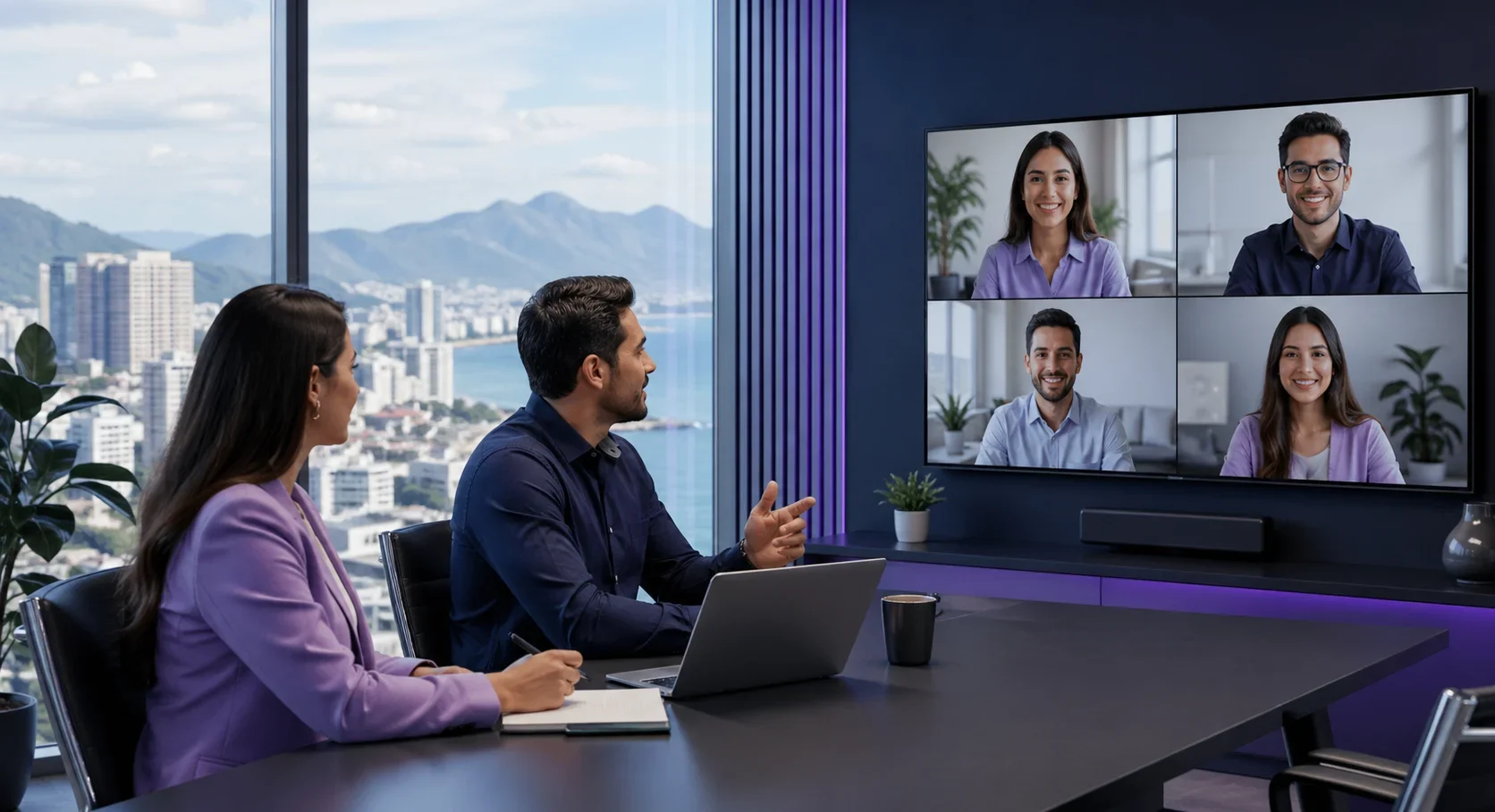 Business professionals collaborating in a modern office with remote teammates on a video call, representing nearshore outsourcing support across nearby regions.