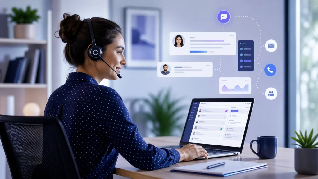 A remote customer support team collaborating across screens in a modern workspace, representing fast response times, flexible support, and connected customer service operations.