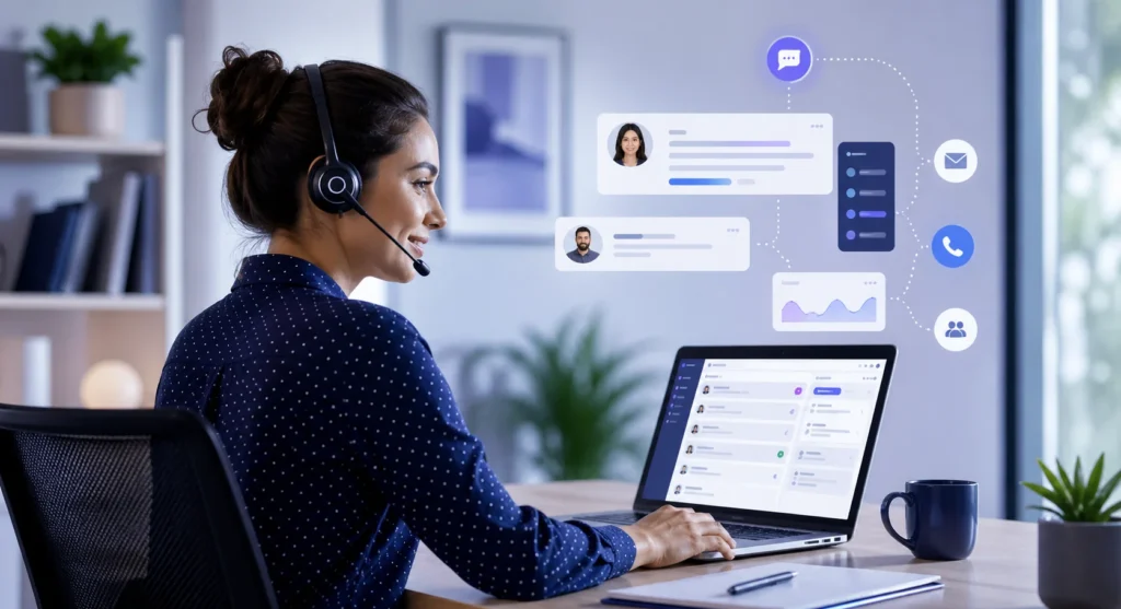 A remote customer support team collaborating across screens in a modern workspace, representing fast response times, flexible support, and connected customer service operations.