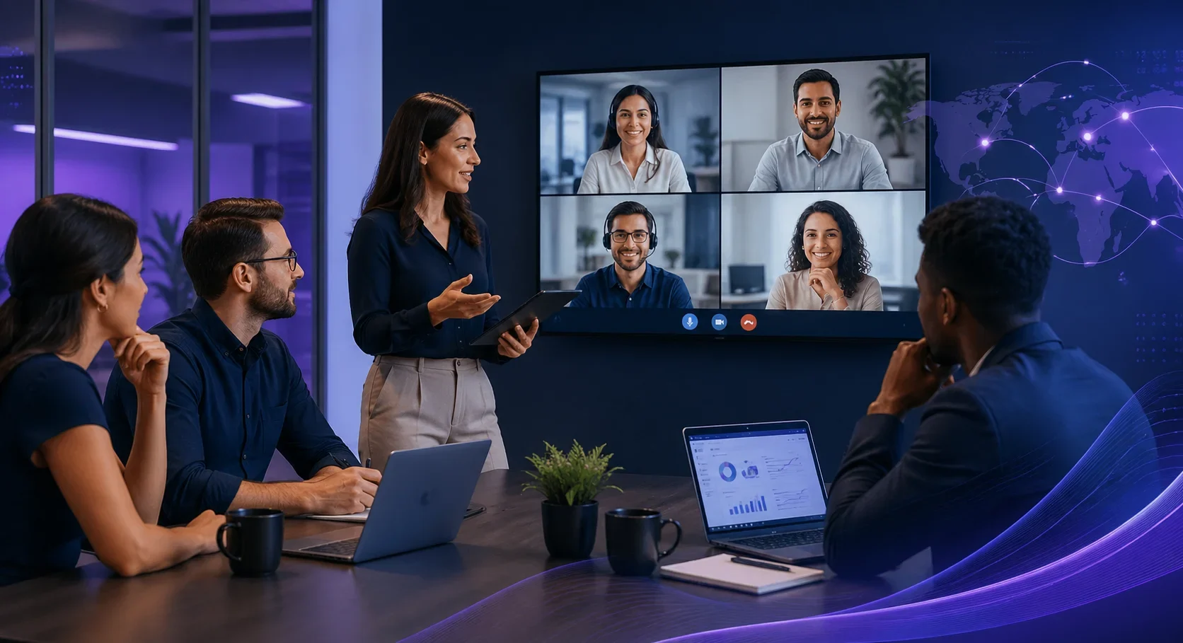 Business leaders collaborating in a modern office with remote team members on screen, representing staffing augmentation services and scalable team growth.