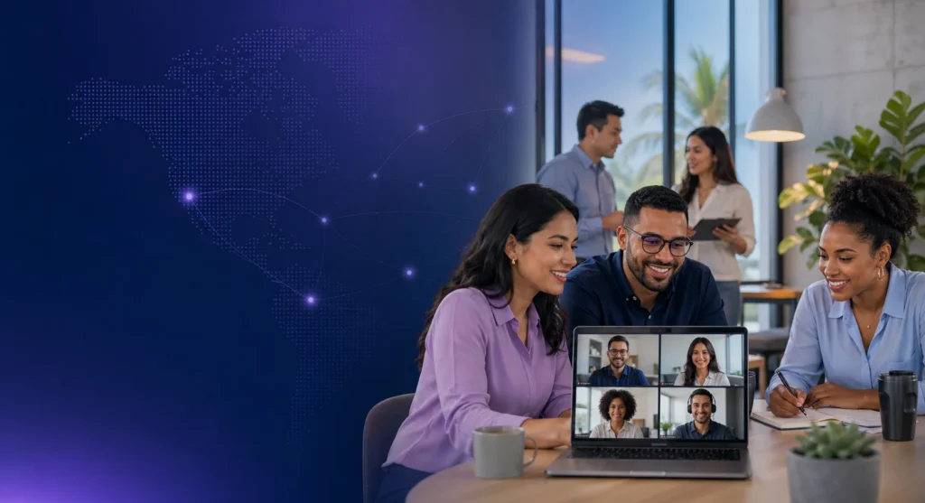 A diverse group of professionals collaborate around a laptop in a modern office while a video call connects remote teammates, with subtle map and network graphics suggesting nearshore staffing across the Americas.