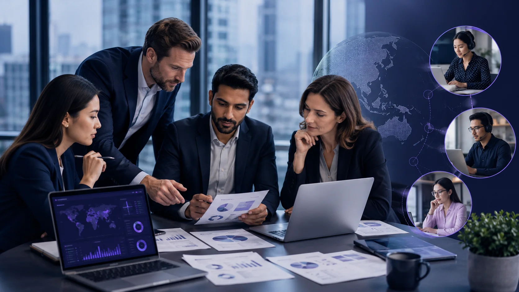 Business leaders reviewing support functions, workflows, and outsourced team options in a modern office setting.
