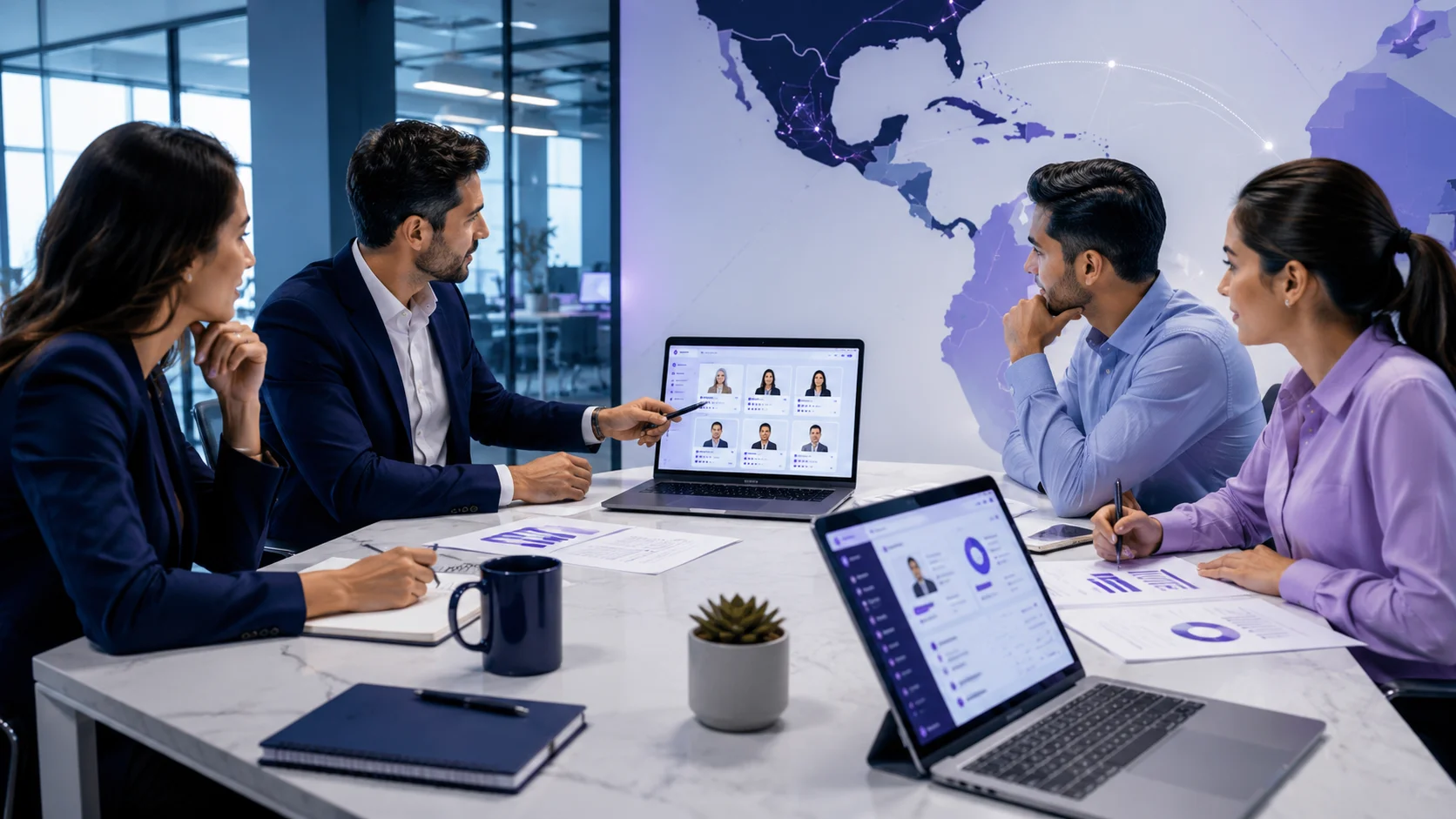 Business leaders evaluating a nearshore hiring model through candidate review, team planning, and cross-border collaboration.
