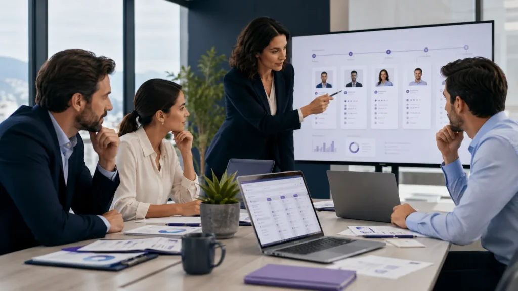 Business leaders reviewing candidates and recruitment workflows with support from a nearshore hiring model.