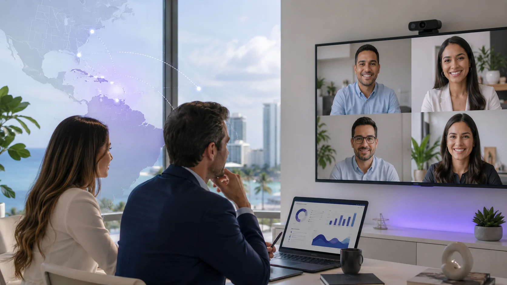 US business leaders collaborating with a nearshore team through modern screens and digital tools, representing nearshore staffing, time-zone alignment, and scalable team growth.