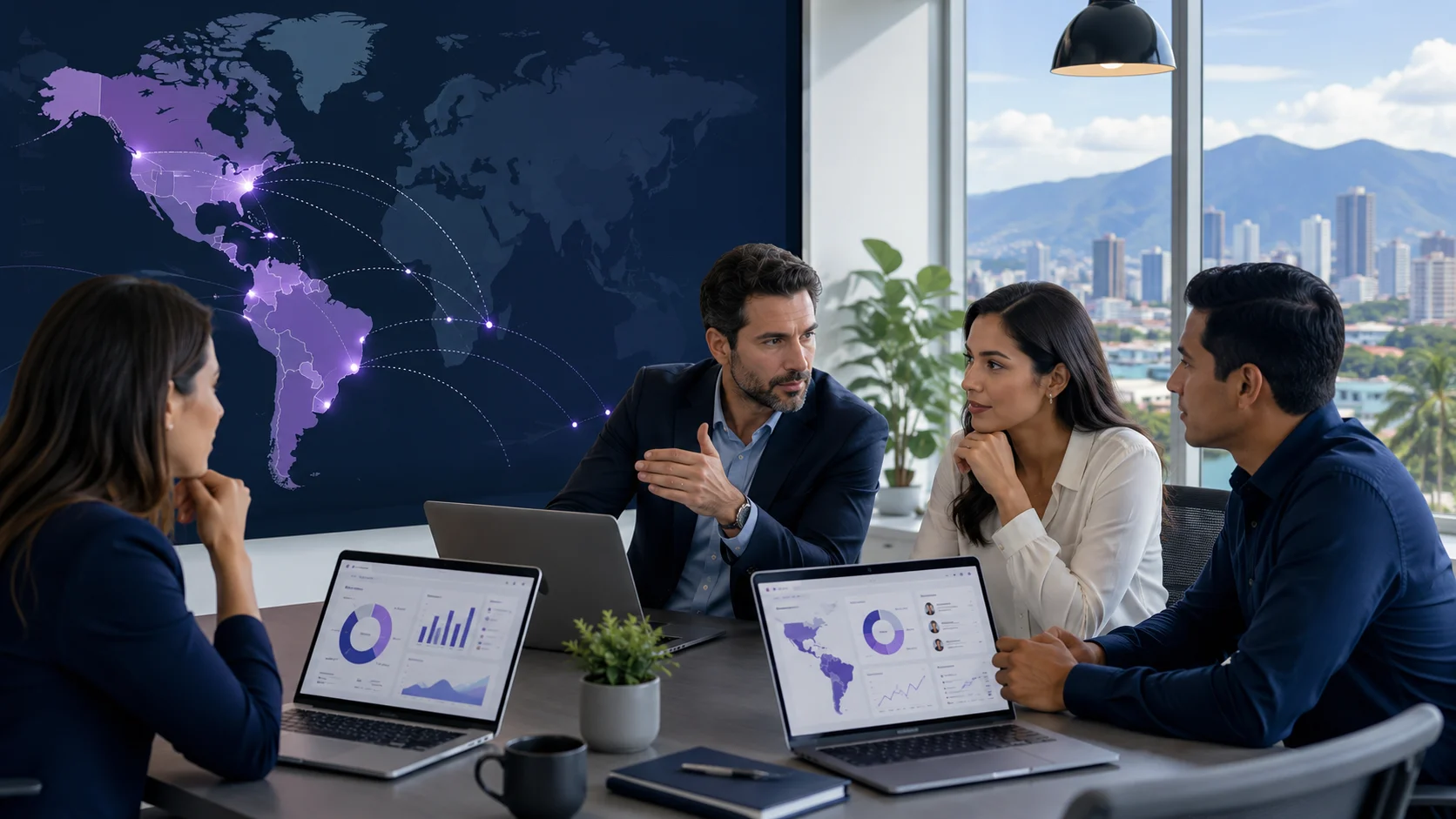 Business leaders reviewing nearshore outsourcing options with a connected team across nearby regions.
