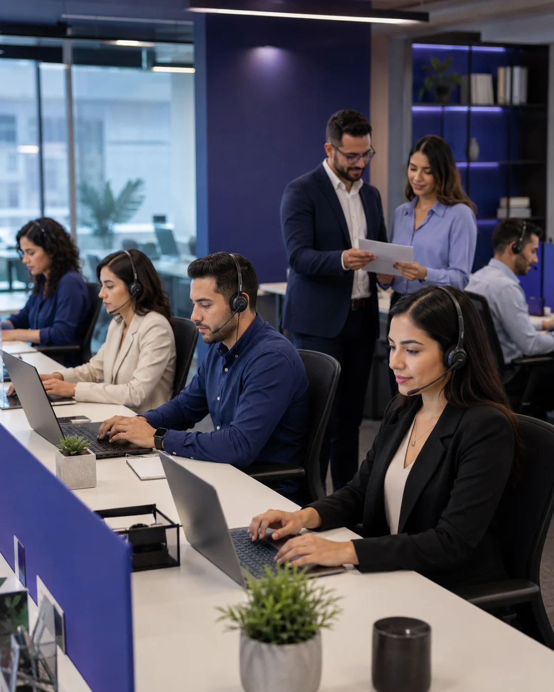 A nearshore team working in a professional support environment with laptops, headsets, and structured operations.