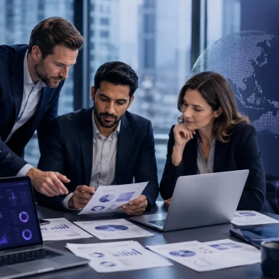 Business leaders reviewing support functions, workflows, and outsourced team options in a modern office setting.