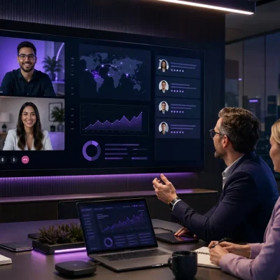 A modern business team collaborates with remote professionals across screens, representing the process of hiring a nearshore team with strong communication and operational support.