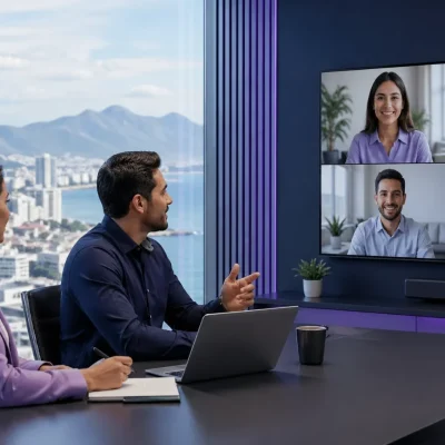 Business professionals collaborating in a modern office with remote teammates on a video call, representing nearshore outsourcing support across nearby regions.