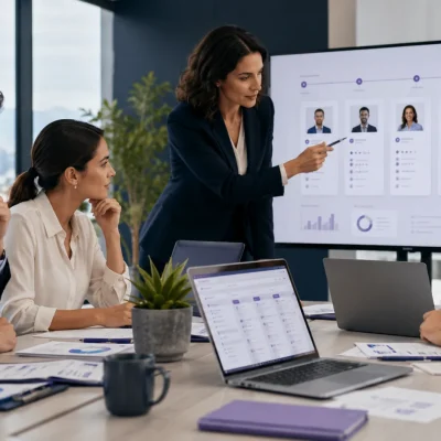 Business leaders reviewing candidates and recruitment workflows with support from a nearshore hiring model.
