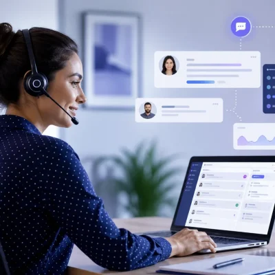 A remote customer support team collaborating across screens in a modern workspace, representing fast response times, flexible support, and connected customer service operations.