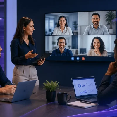 Business leaders collaborating in a modern office with remote team members on screen, representing staffing augmentation services and scalable team growth.