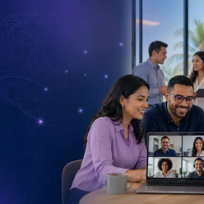 A diverse group of professionals collaborate around a laptop in a modern office while a video call connects remote teammates, with subtle map and network graphics suggesting nearshore staffing across the Americas.