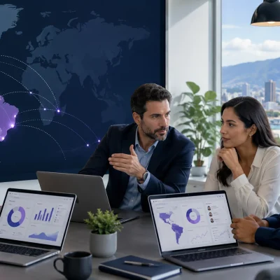 Business leaders reviewing nearshore outsourcing options with a connected team across nearby regions.